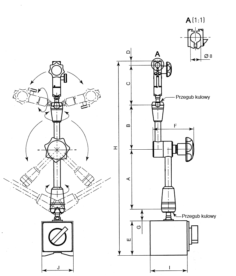 Articulated magnetic tripod with hydraulic clamp (201)